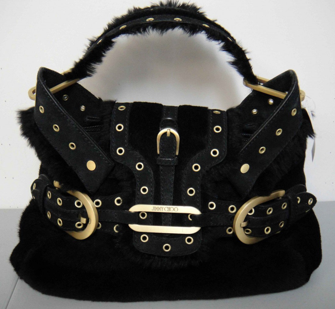 Genuine Jimmy Choo "Tam Aslob" Black Fur Trim Handbag: Genuine Jimmy Choo "Tam Aslob" Black Fur Trim Handbag. 100% Authentic.