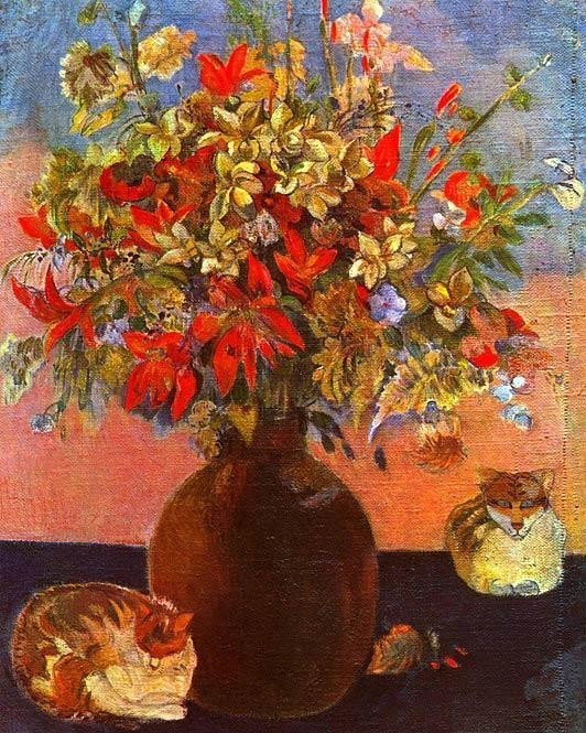 Paul Gauguin "Flowers and Cats" Giclee on Paper Print: Eugène Henri Paul Gauguin (7 June 1848 – 8 May 1903) was a leading Post-Impressionist artist, sculptor, printmaker, ceramist and writer. His bold experimentation with colouring led directly to the 