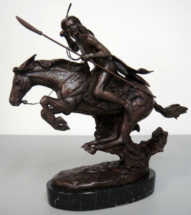 Reissue Cheyenne Frederic Remington Bronze tall ": Reissue Cheyenne Frederic Remington Bronze Sculpture Signed, Medium 11 1/2"" H x 11"" L, W450
