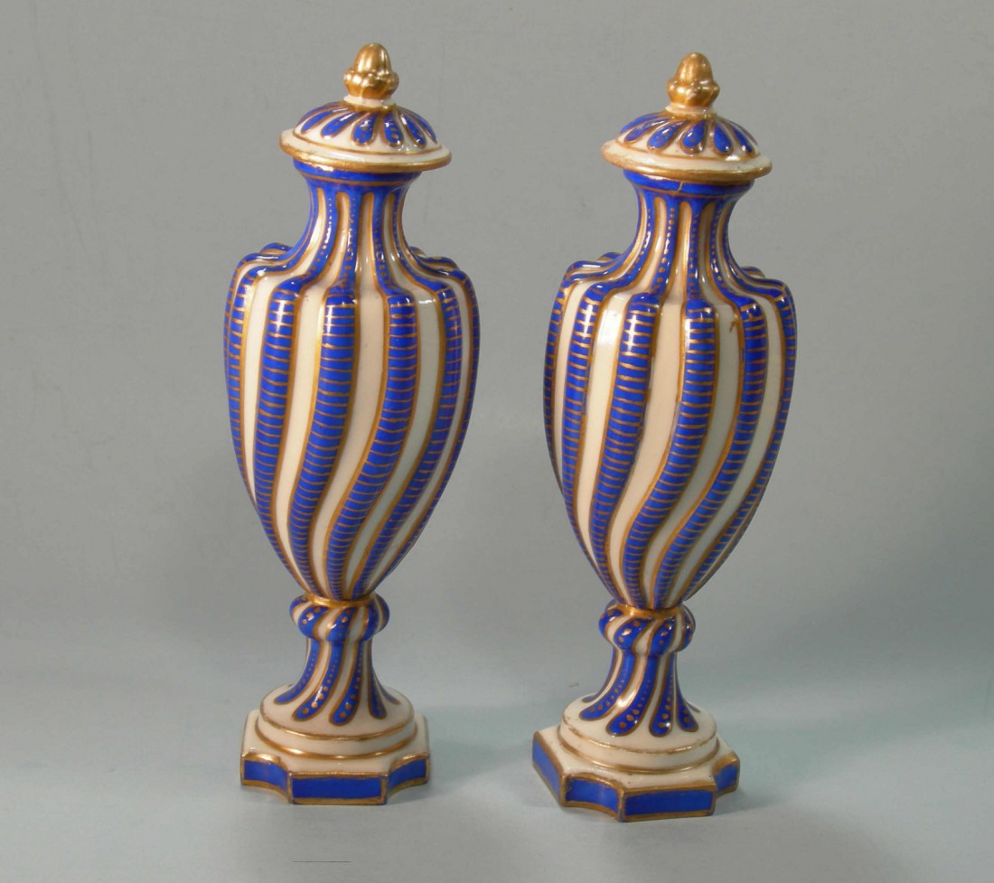 Lovely Pair Sevres Style Covered Pedestal Vases Blue No: This is a beautiful pair of Sevres style covered and bolted vases. They were probably decorated by A. Bloch, Paris, c. 1910-20s. The vases measure 5 3/4" tall. They are swirled with Sevres "blue nouve