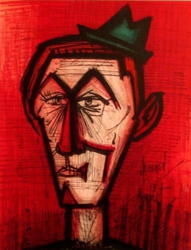 Bernard Buffet "The Red Clown" Lithograph Plate Signed: Medium: original lithograph. Printed in Paris in 1968 by the legendary Mourlot atelier. Sheet size: 9.5 x 12 inches ; with printed text on verso, as issued. Signed in the stone, not by hand.