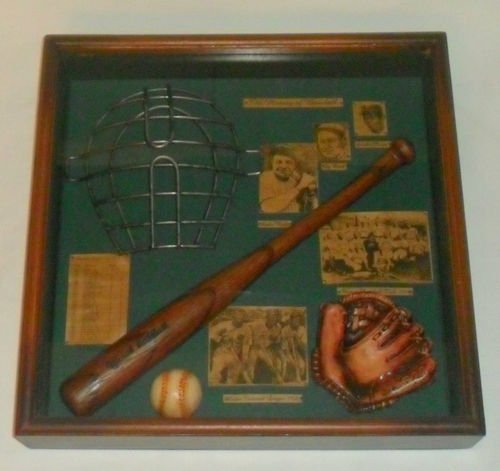 VINTAGE MEMORABILIA BASEBALL SHADOWBOX ~: OLD TIME VINTAGE MEMORABILIA BASEBALL SHADOWBOX ~ GREAT DECOR PIECE.* Interior lined with green felt * Trimmed in dark oak * Contains vintage replicas of a baseball bat, ball, glove and catcher's mask