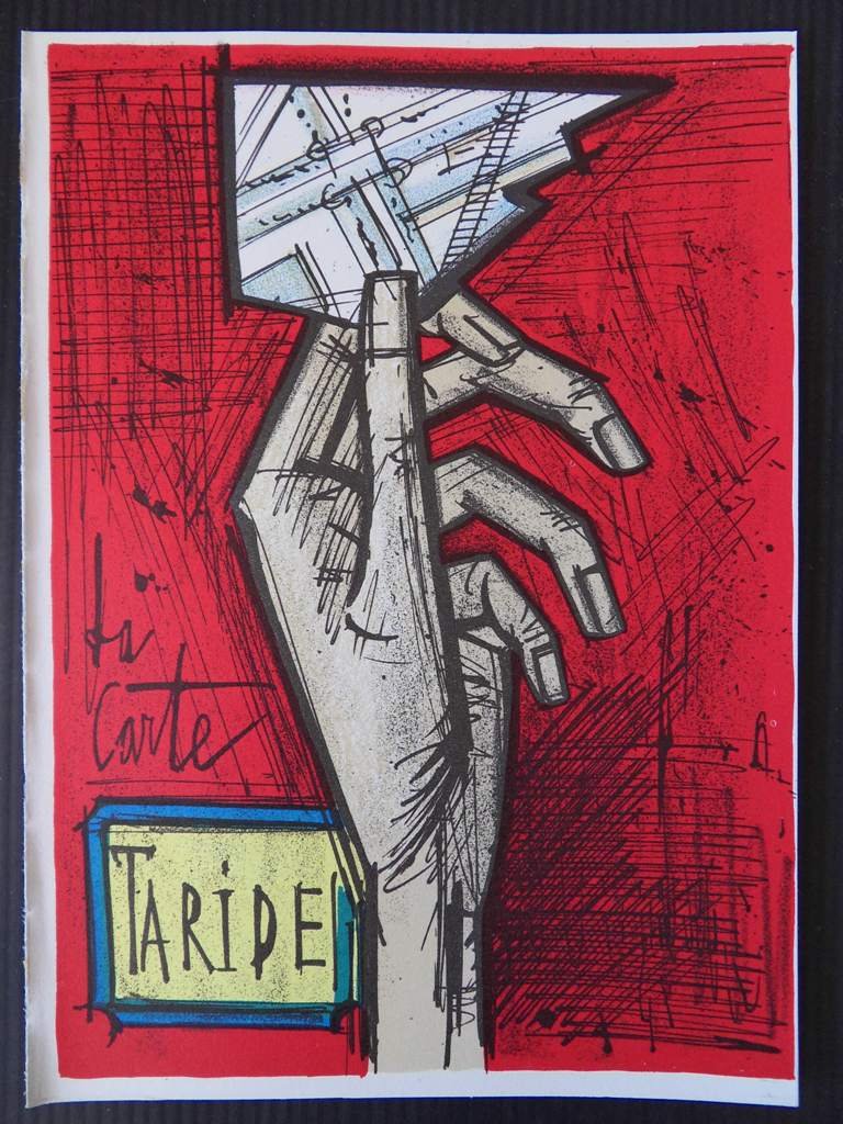 BERNARD BUFFET - "Carte" LITHOGRAPHIE: Bernard BUFFET *** Superbe Lithographie *** TITRE : La carte Taride - Suicide TECHNIQUE : Lithographie mise sur pierre par Bernard Buffet lui-même ATELIER : Tiré par l'atelier Mourlot AUTHENTICITE :