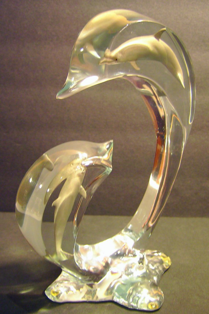 Robert Wyland Two Dolphin Lucite Pewter Sculpture: This sale is for a Wonderful Lucite sculpture. Signed Wyland (Robert Wyland) and numbered 717 of 2000 pieces. Made from Lucite with Painted Pewter Dolphin Figurines embedded within the Lucite water. T