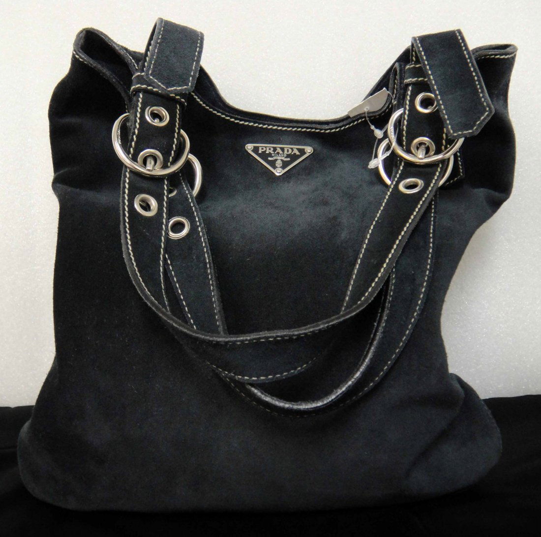 Authentic Prada Milano Blue Suede Handbag: 100% Authentic Prada Milano Blue Suede Handbag with white stitching. Made in Italy.