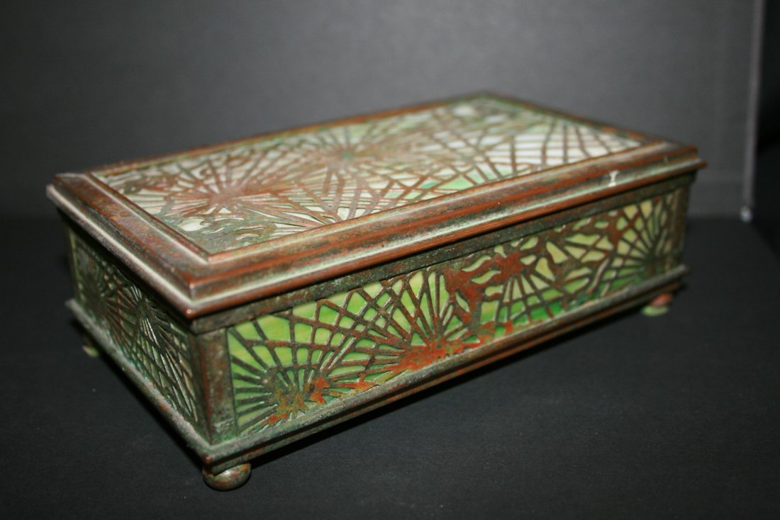 Tiffany Studios Bronze/Glass Box- Pine Needle Pat: Tiffany Studios New York desk box guaranteed authentic in the Pine Needle Pattern. Very good condition with nice patina. Green slag glass on all sides and on the bottom. No chips or cracks in the glas