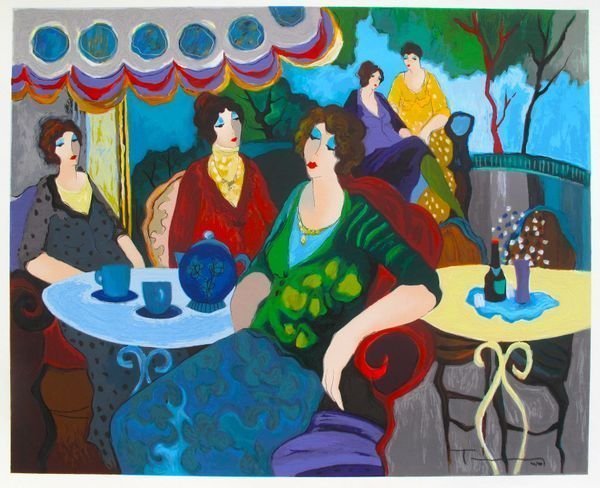 Itzchak Tarkay MORNING TEA Hand Signed Limited Ed: This is a limited edition hand signed serigraph by Itzchak Tarkay titled "MORNING TEA". Medium: Serigraph on White Coventry Paper Hand Signed and Numbered by the artist. Edition number: 143/199. Paper