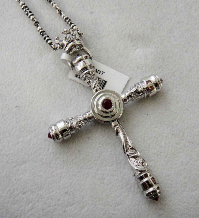 Sterling Silver Natural Ruby Cross w/ Silver Chain: Sterling Silver Cross with inlay Natural Red Rubies and Sterling Silver Chain, Total of 43 grams.W1116