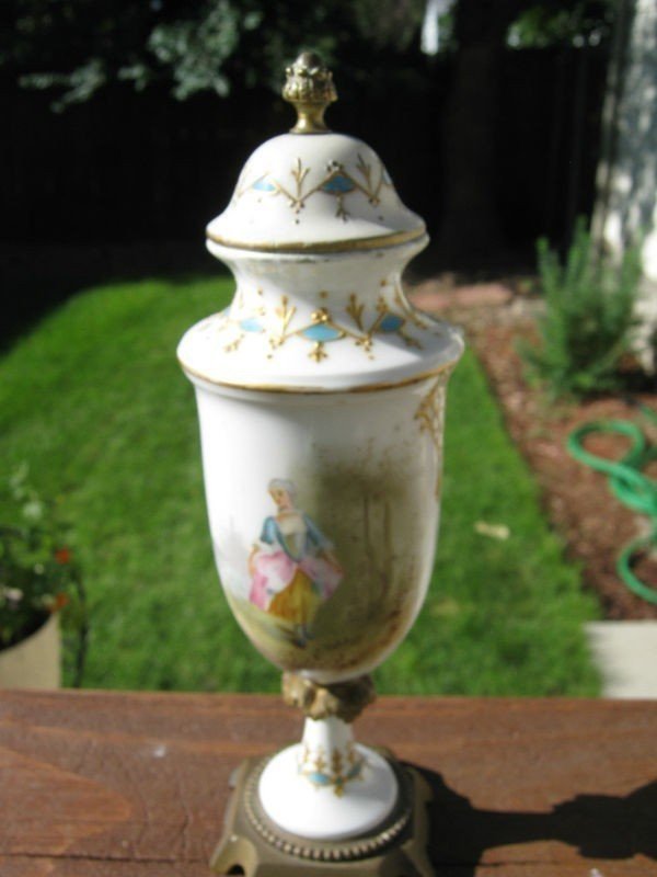 Genuine Antique Sevres Vase 9" Signed Bronze Urn: It is 9" tall and 2 1/2" wide. I am not sure of the age. We are no expert on Severs. I tried to show lots of pictures so if you are a collector maybe you can tell. It is signed on inside of top, 5th p