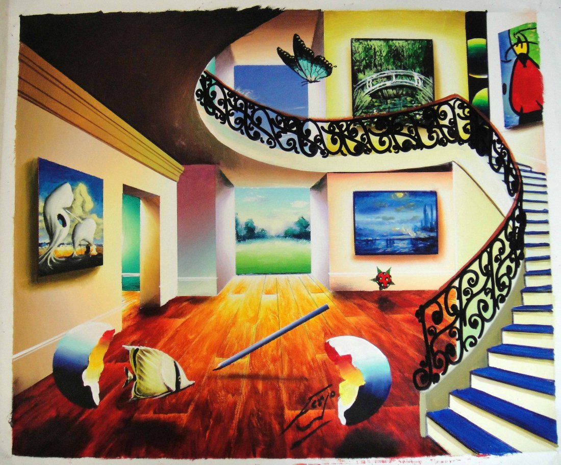 Ferjo ORIGINAL "Blue Stairs with Butterfly" Hand Signed: Ferjo ORIGINAL oil on Canvas "Blue Stairs with Butterfly" Hand Signed in Ink. Comes with Certificate of Authenticity. Unframed, Size: 20 x 24"