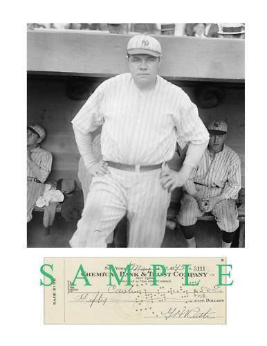 BABE RUTH Photo w/ Printed Check Signature: GEORGE "BABE" RUTH Photo w/ Printed Check Signature. 8 1/2"x 11" BLACK AND WHITE PHOTOGRAPH WITH A REPRINTED SIGNATURE