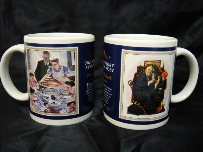 Set of 2 Norman Rockwell Collection Mugs: PAIR OF NORMAN ROCKWELL COLLECTION MUGS ONE WITH "FREEDOM FROM WANT FROM STORY ILLUSTRATION MARCH 6, 1943" AND ANOTHER WITH "DR. & DOLL FROM COVER MARCH 09, 1929" OF THE SATURDAY EVENING POST.