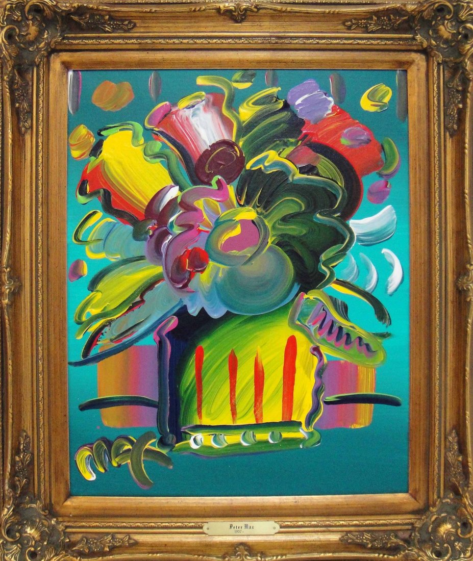 Peter Max "Vase of Flowers" Original acrylic on Canvas: Peter Max "Vase of Flowers" Original acrylic on Canvas, Hand Signed by the artist in Paint - Stamped authentication on verso with Max Studios catalogue number. Image Size 20" x 16". Certificate of Aut