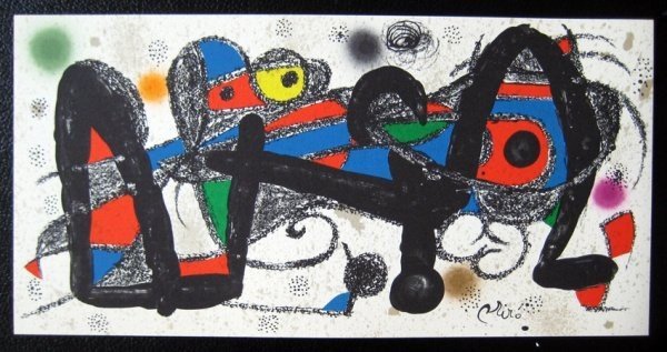 Miro Sculptor - Portugal Litho on Stone, Plate Sig: Miro Sculptor - Portugal Medium: Original lithograph in colours, 1974, On heavy cream wove Guarro paper, signed in the plate. SIZE 7.5 X 15.5 IN. Comes with a certificate of authenticity