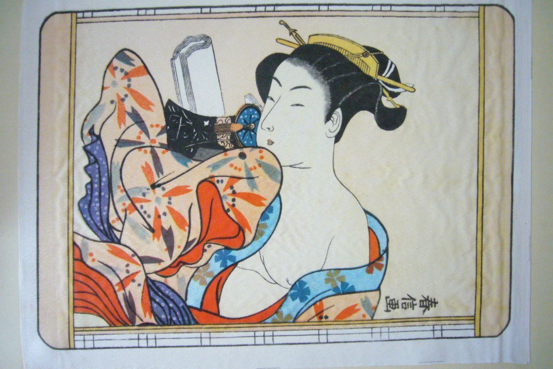 Japanese Ukiyo-e Shunga Prints On Silk: This is a set of Japanese ukiyoe prints of famous artists on silk. This is mordern print. Item age: aprox. 1960s. Item may show various signs of age and use such as scratches, rust and dents etc.Heigh