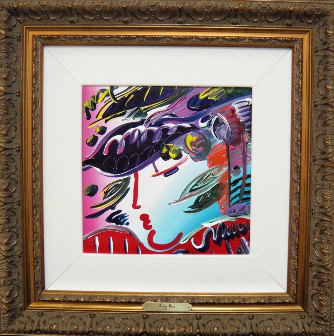 Peter Max "Blushing Beauty" Original acrylic on Ca: Peter Max "Blushing Beauty" Original acrylic on Canvas, Hand Signed by the artist in the upper right - Stamped authentication on verso with Max Studios catalogue number. Image Size 12" x 12". Certific
