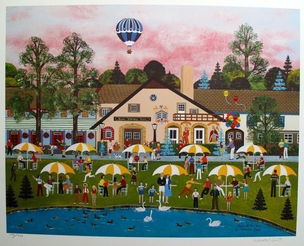 Jane Wooster Scott POND AT THE INN Hand Signed Lit: This is a Jane Wooster Scott limited edition hand signed lithograph titled "POND AT THE INN". This piece is Pencil Hand Signed by Jane Wooster Scott. Comes unframed. Fully guaranteed authentic! This p