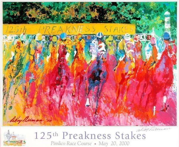 LEROY NEIMAN SIGNED 125TH PREAKNESS POSTER: LEROY NEIMAN (b.1927). Best known for his brilliantly colored, energetic images of sporting events, he was the official artist at five Olympiads. Color poster from his painting of the 125th Preakness