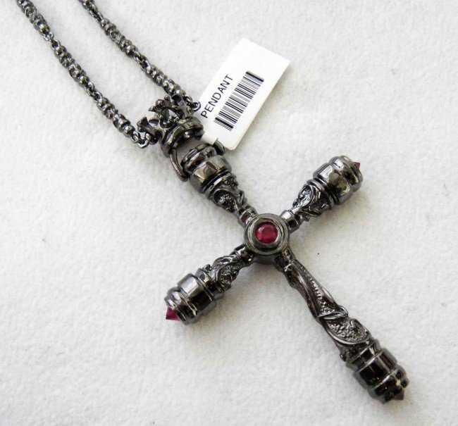 Sterling Silver Natural Ruby Cross w/ Silver Chain: Sterling Silver Cross with inlay Natural Red Rubies and Sterling Silver Chain, Total of 43 grams.