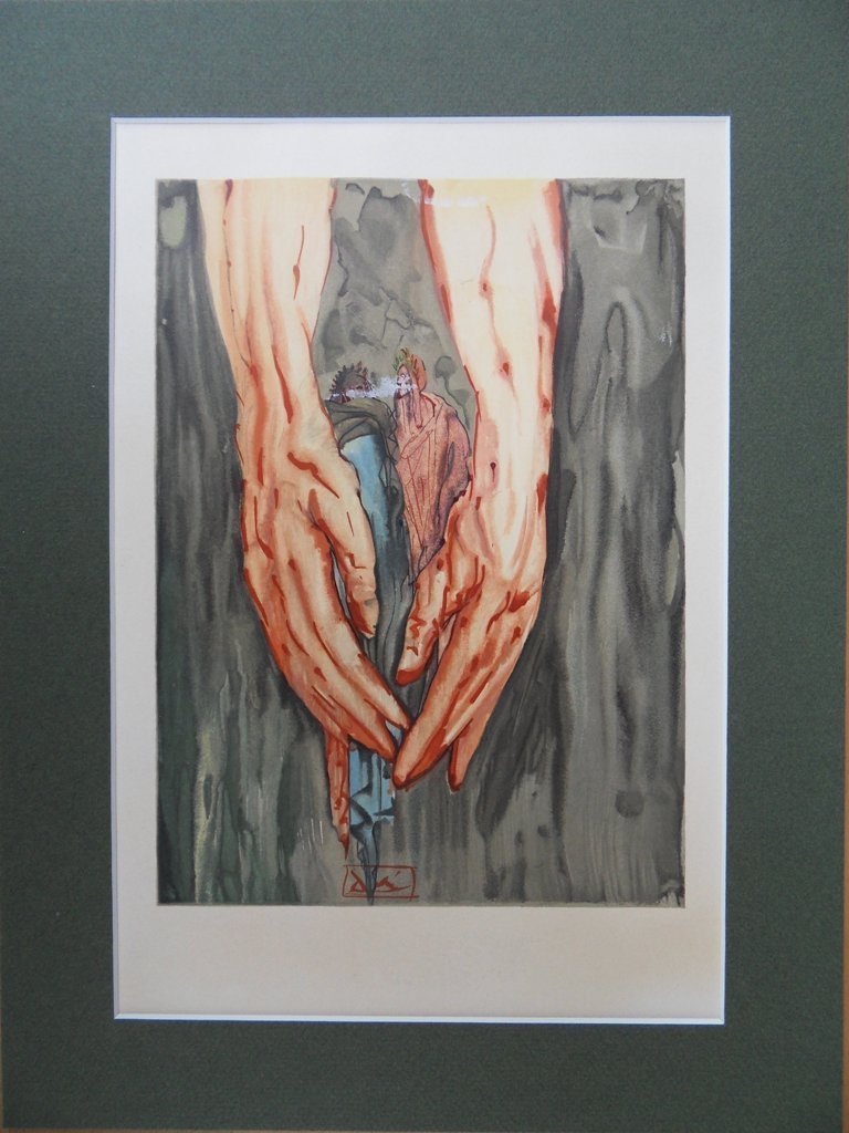 SALVADOR DALI - rare BOIS GRAVE ORIGINAL 1964 # S: Salvador DALI Bois gravé original signé "Divine Comédie" Signature : Un des rares exemplaires signé dans la planche Taille : 33 x 25 cm - sous passepartout 38x29cm (prèt à mettre dans un cadre) 