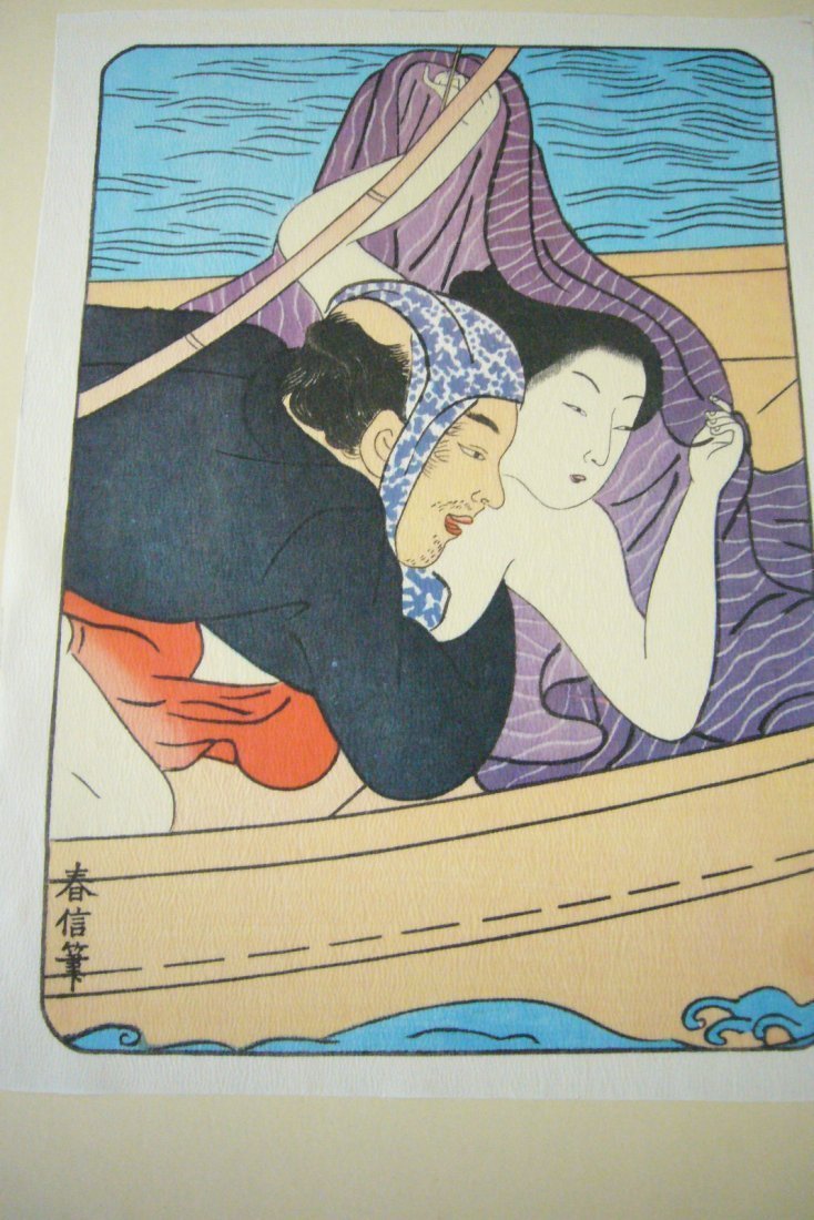 Japanese Ukiyo-e Shunga Prints On Silk: This is a set of Japanese ukiyoe prints of famous artists on silk. This is mordern print. Item age: aprox. 1960s. Item may show various signs of age and use such as scratches, rust and dents etc.Heigh