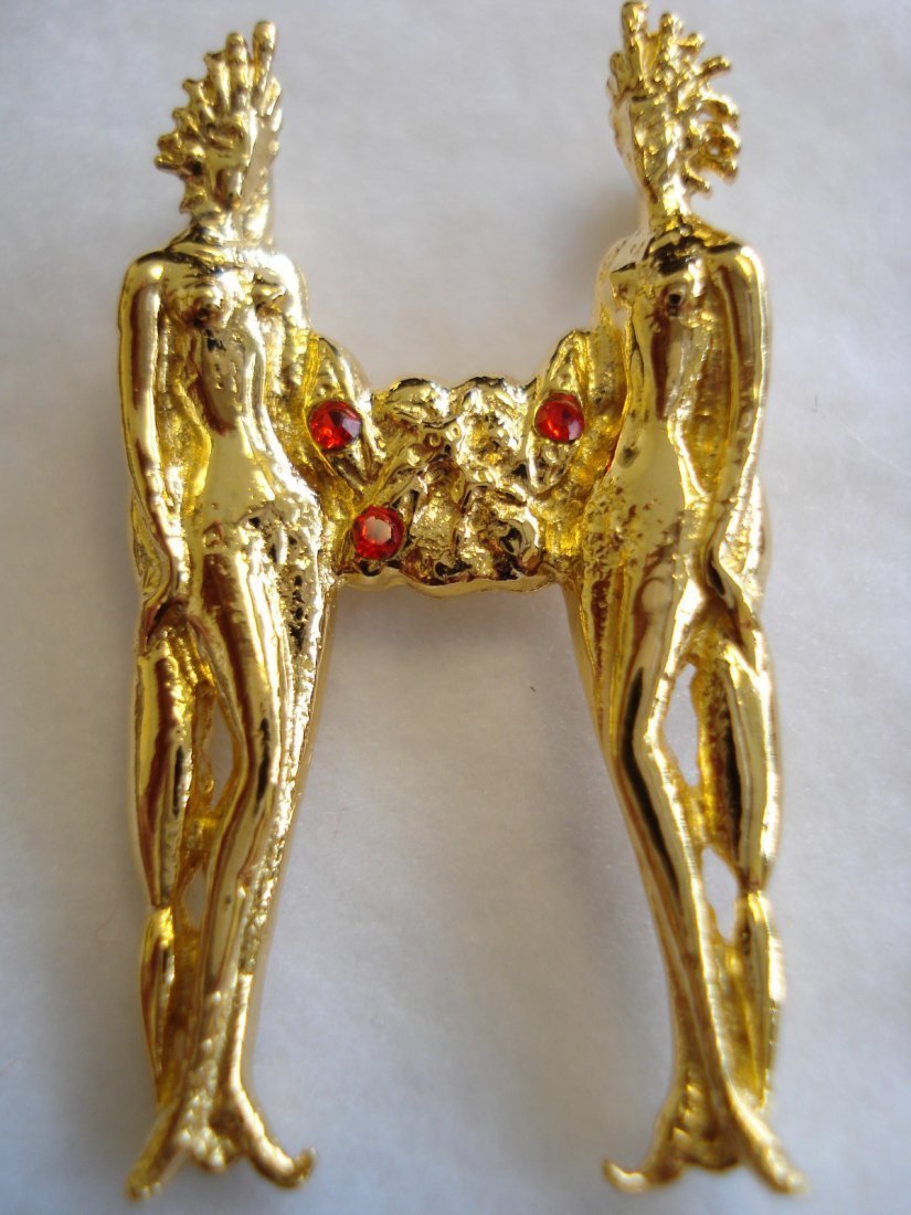 "H" ~ ERTE' ART TO WEAR, INITIAL NECKLACE (NIB): Made of Gold Vermeil (Gold Plate over Sterling Silver) and Swarovski Crystals, this beautiful necklace is part of Erte's "Alphabet" Series. It includes a gold chain. Measurements 1 1/8" long 3/4" wide