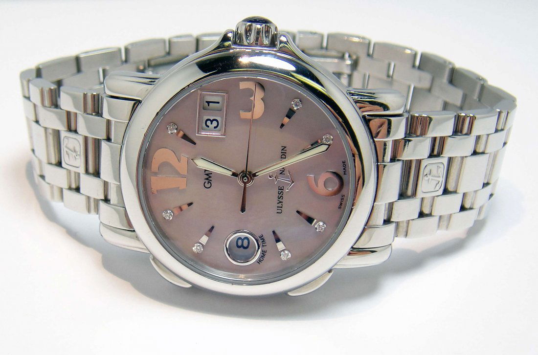 Original ULYSSE NARDIN San Marco GMT MOP Wristwat: Original ULYSSE NARDIN San Marco GMT Pink MOP 100M Stainless Steel Wristwatch. Model REF # 223-221696 - Case No. 1557. Certificate of Authenticity, Original papers & Box included.