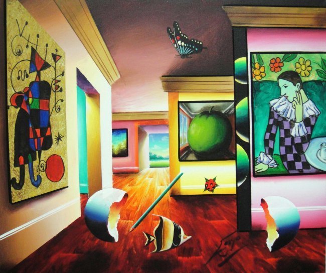Ferjo "Harlequin Apple and Miro" Original Oil on Ca: Ferjo "Harlequin Apple and Miro" Original Oil on Canvas. Hand Signed in Ink by Artist. Size: 20 x 24". Certificate of Authenticity included.