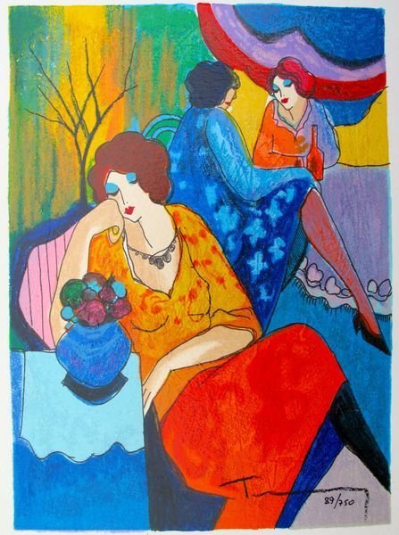 Itzchak Tarkay QUIET AFTERNOON Hand Signed Limite: This is a limited edition hand signed serigraph by Itzchak Tarkay titled "QUIET AFTERNOON". Medium: Serigraph on White Coventry Paper Hand Signed and Numbered by the artist. This subject is numbered f