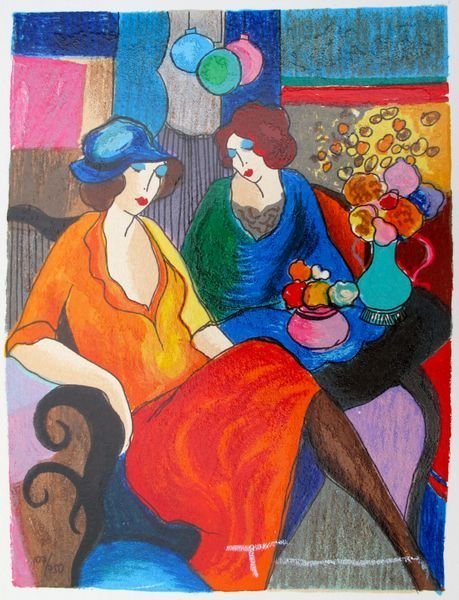 Itzchak Tarkay CHIT CHAT Hand Signed Limited Ed.: This is a limited edition hand signed serigraph by Itzchak Tarkay titled "CHIT CHAT". Medium: Serigraph on White Coventry Paper Hand Signed and Numbered by the artist. This subject is numbered from an