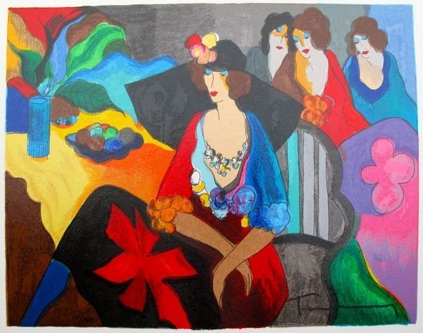 Itzchak Tarkay "GOSSIP".Hand Signed Limited Ed. S: This is a limited edition hand signed serigraph by Itzchak Tarkay titled "GOSSIP". Medium: Serigraph on White Coventry Paper Hand Signed and Numbered by the artist. Paper size: 11" x 13.5. Image size: