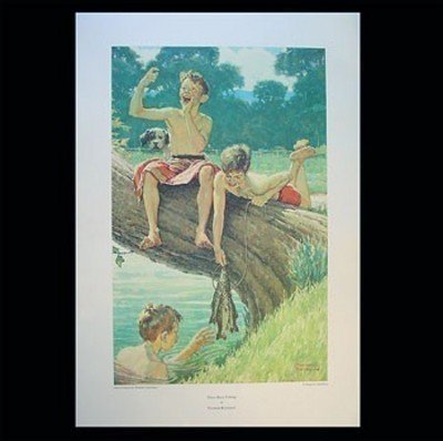 Norman Rockwell "Three Boys Fishing" Offset Lithog: Norman Rockwell "Three Boys Fishing" Offset Lithograph. size 24 x 16 in. with COA.