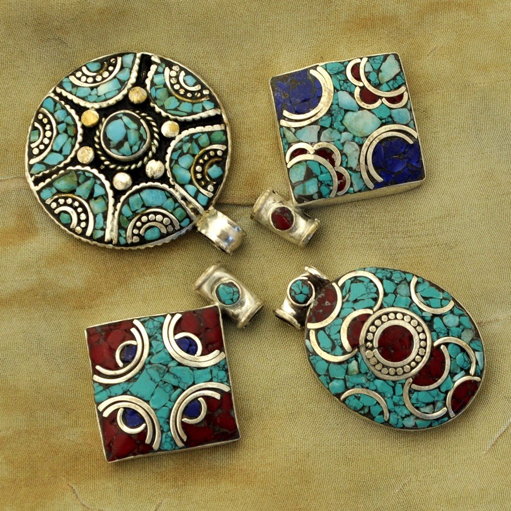 WSL449 Wholesale Turquoise Coral Lapis 4 Pendant f: These wholesale lot pendants are made of white metal. These pendants are inlaid with turquoise, coral and lapis. These pendants are made by a local artisan from Kathmandu, Nepal. The approximate size 