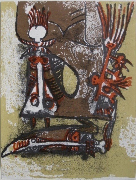 Wifredo Lam "Double personnages" Lithograph: Medium: original lithograph. This Wifredo Lam surrealist composition was issued in 1979 for XXe Siecle and published in Paris by San Lazzaro. Sheet size 12 1/4 x 9 1/4 inches; 310 x 235mm. Not signed