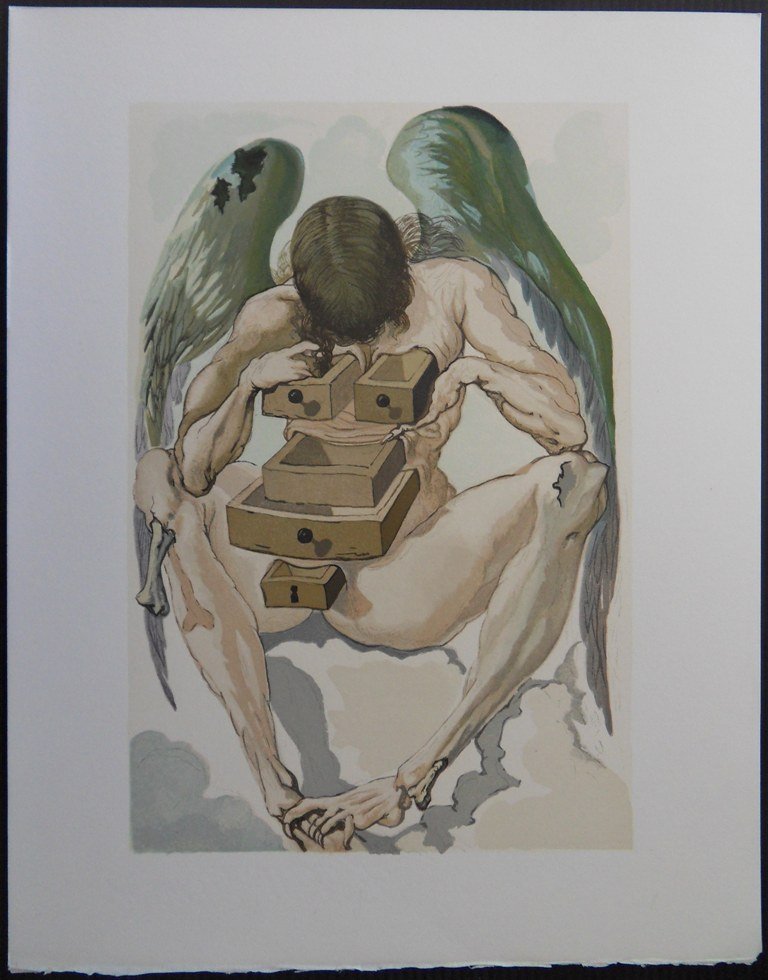 SALVADOR DALI : "L'ange déchu" - BOIS GRAVE ORIGIN: SALVADOR DALI : "L'ange déchu" - BOIS GRAVE ORIGINAL #DIVINE COMEDIE - DANTE TITRE : Purgatoire I : L'ange déchu TECHNIQUE : Bois gravé DIMENSIONS : 26 x 33cm PAPIER : Vélin BFK Rives, bord bas de