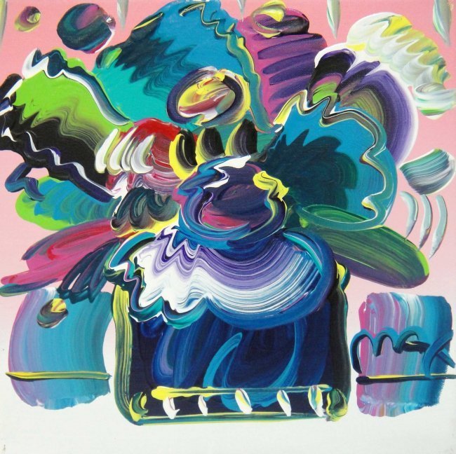 Peter Max "Flower Vase" Original acrylic on Canva: Peter Max "Flower Vase" Original acrylic on Canvas Painting, Hand Signed by the artist in Paint - Stamped authentication on verso with Max Studios catalogue number. Image Size 12" x 12". Certificate o