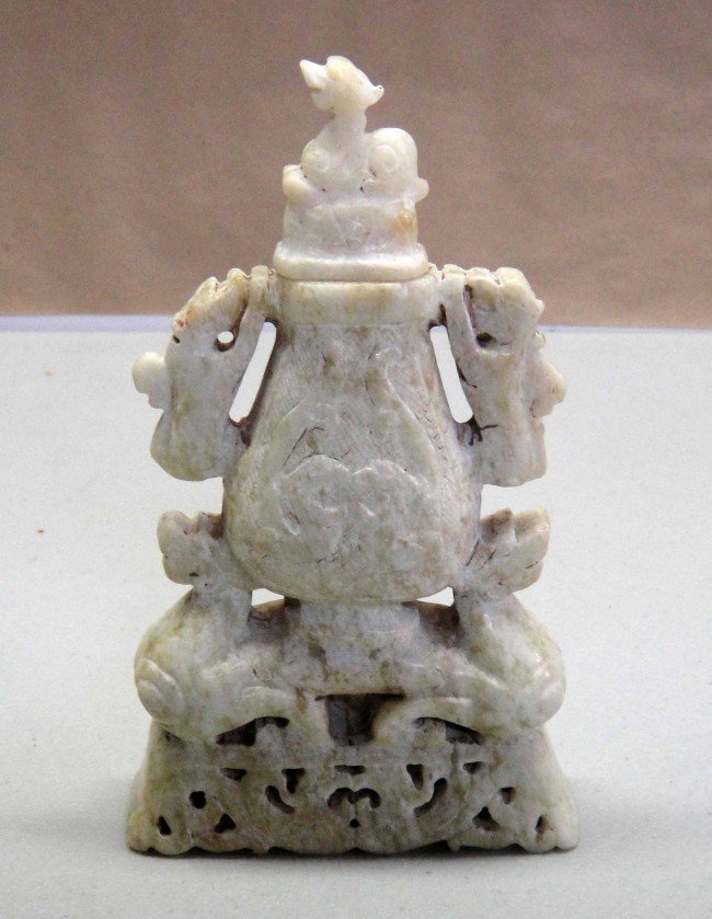 Hardstone Vessel Bottle w/ Qilin Hands Carved/Etc: 20th Century; Vintage hand carved and etched Hard stone vessel with Qilin Hands and Suer. Jade-like Appearance. Approx. Size: 5.5" H x 3" W