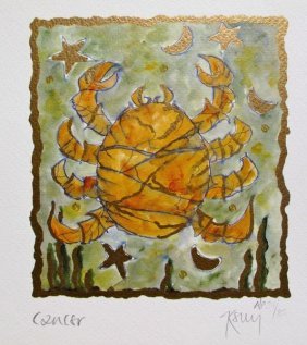 36A KELLY JANE CANCER HAND SIGNED LIMITED ED LITHOGRAP: Limited Edition Hand Signed Lithograph By Kelly Jane Titled Cancer Medium Photo Lithography On Feltmark Paper With Gold Leaf Accents [Signed And Numbered By The Artist] This Piece Is Numbered From An 