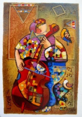 88A Dorit Levi THE BASSIST: This is a Dorit Levi limited edition hand signed serigraph titled THE BASSIST Medium Serigraph on Paper Hand Signed and Numbered by the artist Edition size Artist Proof of 50 Paper Size 8 x 5 Image Si