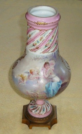 39C Large 19th Century Sevres Vase Urn with Cherub: You are bidding on a beautiful large 13" tall 19th Century French Sevres vase or urn with hand painted cherub. It is artist signed on the side "Daly" Stands 13" high by 6" in diameter at the widest po