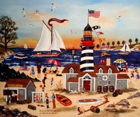 BEACON ON THE BEACH Jane Wooster Scott: 'BEACON ON THE BEACH'' Jane Wooster Scott is a 12 x 12 OFFSET lithographIt is a period piece depicting characters working on boats on the banks of a riverThis print is from a limited editionIt is hand