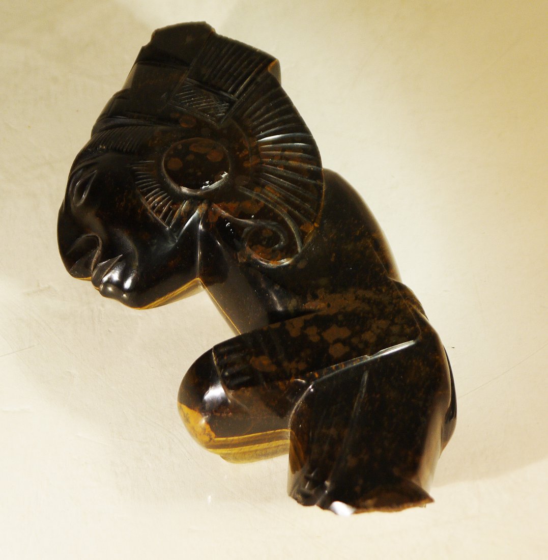 61C Aztec style Carved Tiger Eye Gemstone God Statue: Extremely old, possibly Aztec Period or Aztec Period style Carving- Well Carved Tiger-Eye Gemstone God Statue. Weighs about 4535 carats. w375
