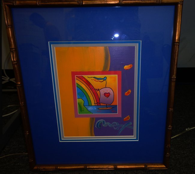 Peter Max "Sailboat with heart on Blends": Peter Max Acrylic on Poster size 10X8 w1650