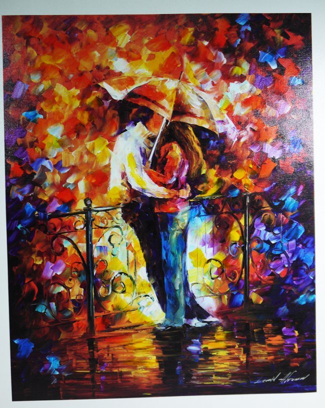 Leonid Afremov "Kiss of Bridge" Original Giclee Unframe: Leonid Afremov "Kiss of Bridge" Original Giclee - Hand Emballished with Acrylic with Limited Edition 17/25 paper size of 19 x 23 Inch included of Certificate Authenticity. W96