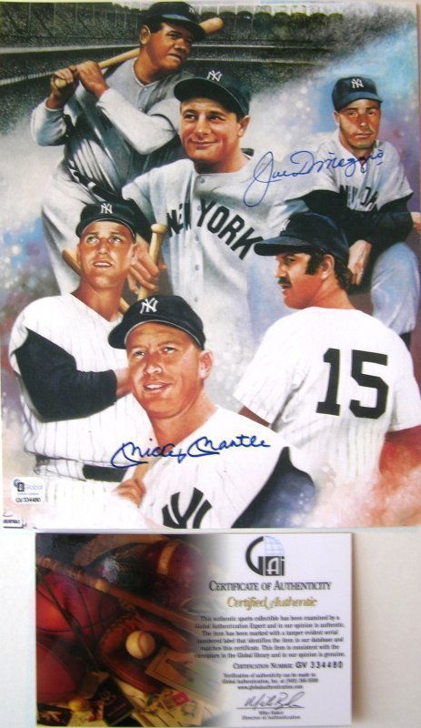 MICKEY MANTLE & JOE DIMAGGIO autographed photo.: Mickey Mantle & Joe DiMaggio Double Signed 8x10 Color Collage (featuring Babe Ruth, Lou Gehrig, Roger Maris & Thurman Munson). Purchase includes a laminated Certificate of Authenticity from Global Aut