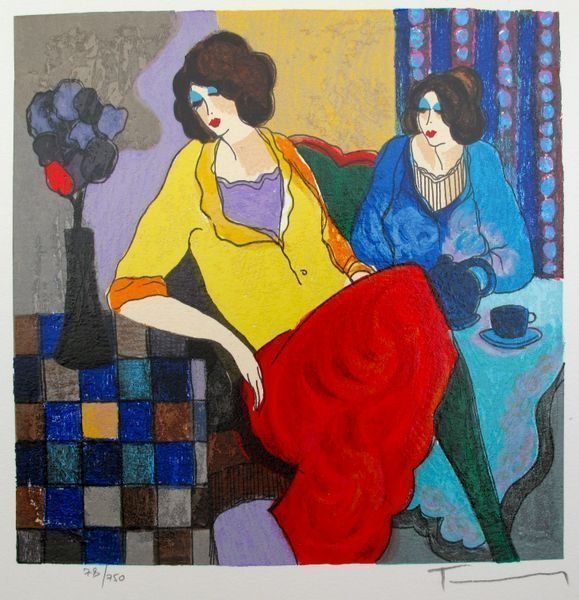 Itzchak Tarkay SISTERS Hand Signed Limited Ed.: This is a limited edition hand signed serigraph by Itzchak Tarkay titled "SISTERS". Medium: Serigraph on White Coventry Paper Hand Signed and Numbered by the artist. This subject is numbered from an e