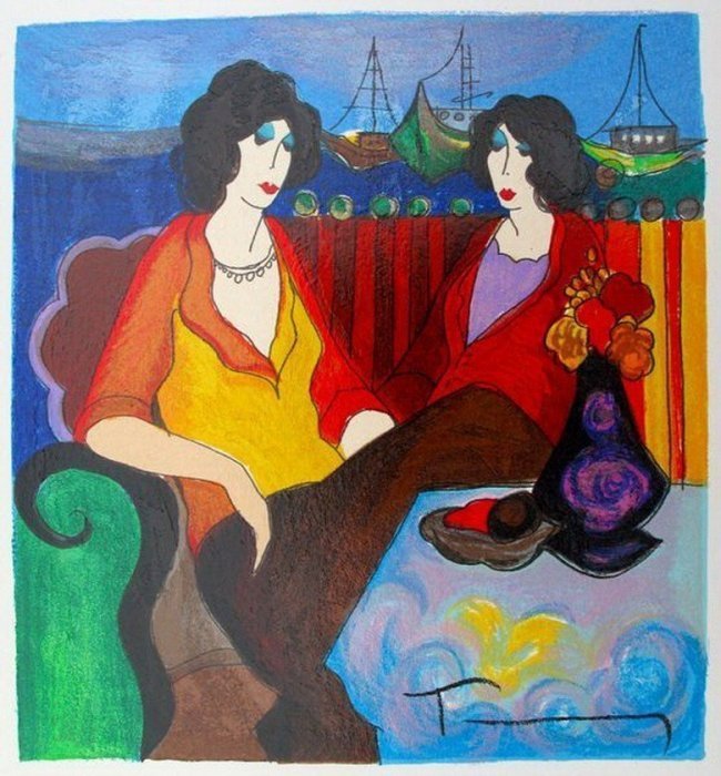 Itzchak Tarkay - At the Port Hand Signed LE Serigraph: This is a limited edition hand signed serigraph by Itzchak Tarkay titled "At the Port'rnMedium: Serigraph on White Coventry PaperrnrnHand Signed and Numbered by the artist.rnrnThis subject is numbered