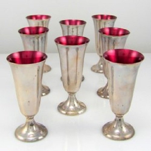 21C 8 Gorgeous GORHAM SILVER Sterling Fuchsia Enamel L: 8 Gorgeous GORHAM SILVER Sterling Fuchsia Enamel Lined Cordial Cups 951- NE OO Each cup measures 2-13/16" long with a rim 1-5/16" in diameter and a base 1-3/16" in diameter. The set weighs 159.0g. w84