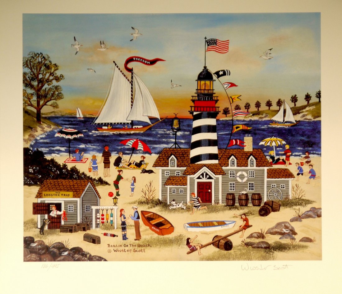 Jane Wooster-Scott "Beacon On The Beach": Jane Wooster-Scott "Beacon On The Beach" limited edition lithograph, signed and numbered by the artist image size: 13.25" x 11" paper size: 15.25" x 13.5" W60