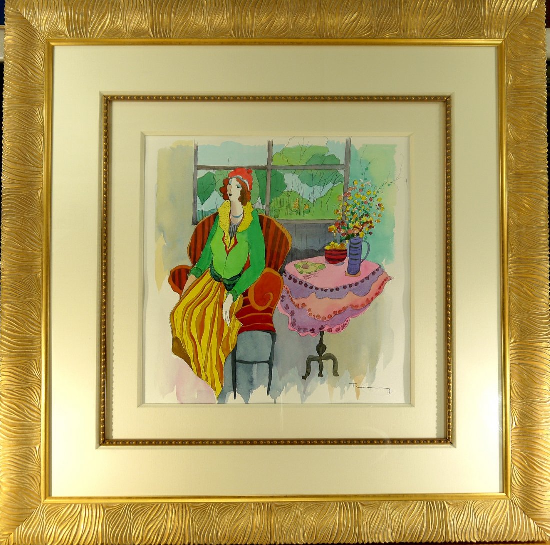Itzchak Tarkay "By The Window" (FRAMED): Itzchak Tarkay "By The Window" original mixed media water color, Year:2000 Hand Signed image: 16" x 16" frame: 30.5" x 30.5" comes with COA (FRAMED) W2350